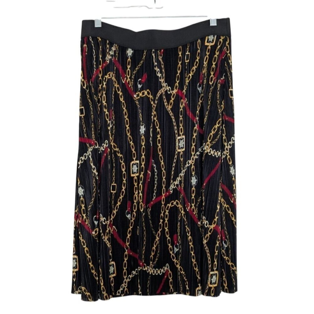 Cato Chain Micro Pleated Midi Skirt Womens Size Medium Black Bejeweled Pull On